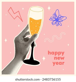 Neues Jahresplakat mit einer halbtonigen Hand, die Champagner hält. Alkoholisches Getränk im Glas. Doodle Elemente im Hintergrund mit einer Hand, trinken und Sterne. Neuen Jahre Postkarte. Vektorgrafik