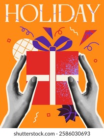 New Year poster in halftone style. Abstract retro banner with realistic hands holding gift box with surprise. Colorful Christmas or Holiday greeting card. Cartoon vector illustration in vintage style