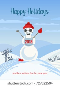 New Year poster. Happy holiday best wishes congratulation greeting card. Cute colorful cartoon. Playful fun snowman, football ball. Design winter season festive party background. Vector illustration