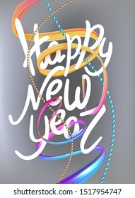  New year poster with levitating ribbons and lettering . Vector illustration