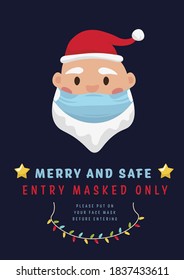 New year poster. Merry and safe. 2021 coronavirus celebration. Greeting card, banner element with a funny Santa Claus character in a flat cartoon style. Vector illustration on a dark background.