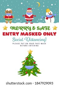New year poster. Merry and safe. 2021 coronavirus celebration. Greeting card, banner, poster with funny Snowman, Santa Claus characters in flat cartoon style. Vector illustration. Portrait background