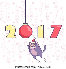 New year poster with numbers, ornament, cat and confetti on background