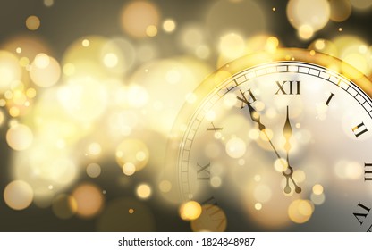 New Year poster with old circle clock and bright bokeh effect. Festive magic luminous background. Holiday design for Christmas. Vector illustration.