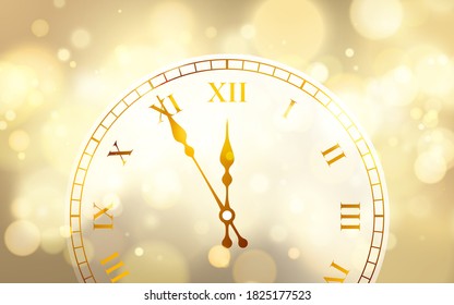 New Year poster with old circle clock and bright bokeh effect. Festive magic luminous background. Holiday design for Christmas. Vector illustration.