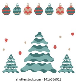 New year poster or postcard, happy New year. festive decor, Christmas trees, garlands,Christmas balls .