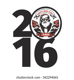 New Year poster. Santa Claus is listening to music,rides on deer smoking a cigar.