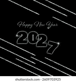 New Year poster with silver text 2027 on black background. New Year card.