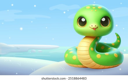 New Year poster with snake, postcard template for congratulations on 2025. Trendy poster with 3D character - green snake and New Year winter atmosphere