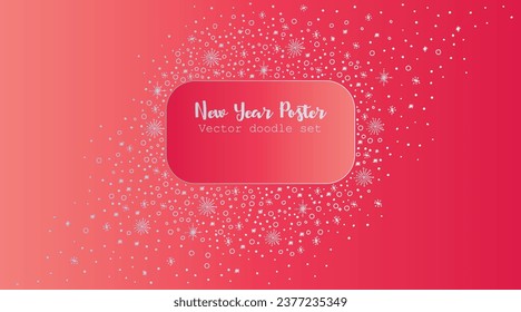 New Year poster with snowflakes.Vector illustration of silver snowflakes gathered around rectangular block on pink gradient with free space for your invitation,greeting,welcome,discount intervention.