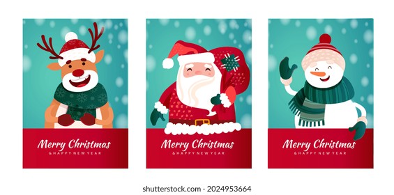 New Year poster. Snowman, Reindeer and Santa Claus wish Merry Christmas and Happy New Year. Greeting card. Characters give gifts for holiday. Cartoon flat vector set isolated on white background