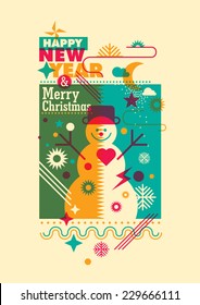 New Year poster with snowman. Vector illustration.