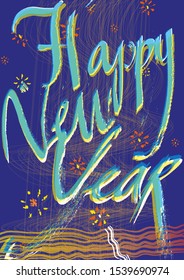 New Year poster with turquoise calligraphic slogan, shifted anaglyph effect, line and orange gradient wave texture, stylised firework and dark blue background.