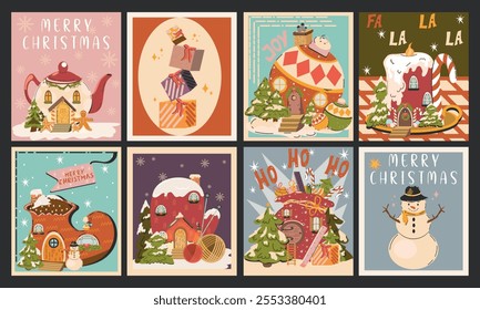 ​​Christmas new year posters in cartoon style. Christmas house, santa, gift bag, christmas tree, snowman, christmas ball, snowflakes. Vector postcards. Picture for wall and for printing