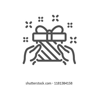 New year present line icon. Christmas gift box sign. Surprise symbol. Quality design element. Classic style present. Editable stroke. Vector