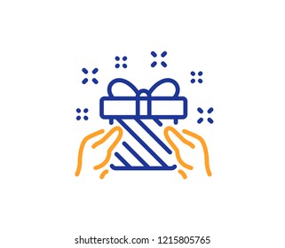 New year present line icon. Christmas gift box sign. Surprise symbol. Colorful outline concept. Blue and orange thin line color icon. Gift Vector
