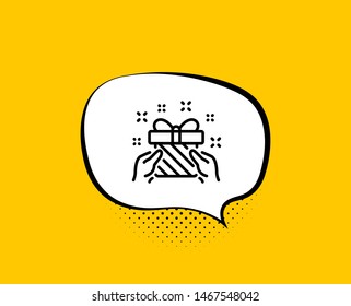 New year present line icon. Comic speech bubble. Christmas gift box sign. Surprise symbol. Yellow background with chat bubble. Gift icon. Colorful banner. Vector