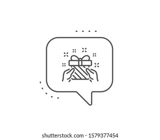 New year present line icon. Chat bubble design. Christmas gift box sign. Surprise symbol. Outline concept. Thin line gift icon. Vector