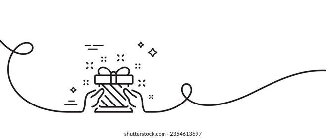 New year present line icon. Continuous one line with curl. Christmas gift box sign. Surprise symbol. Gift single outline ribbon. Loop curve pattern. Vector