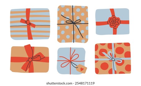 New year present set. Gift boxes with ribbon Set in Trendy Flat style. Gift wrapping simple elements on white background