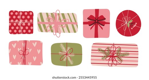 New year present set. Set of gift boxes different shapes and sizes. Boxes with ribbon Set in Trendy Flat style. Gift wrapping simple elements on beige background.