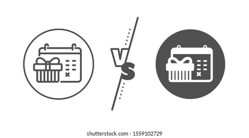 New year presents day sign. Versus concept. Christmas calendar line icon. Surprise symbol. Line vs classic christmas calendar icon. Vector