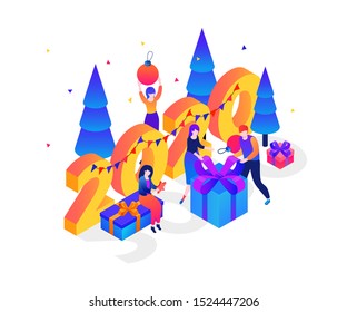 New Year presents vector colorful isometric illustration. 3d people decorating fir tree with baubles, wrapping presents cartoon characters. Winter holidays anticipation mood. 2020 celebration postcard