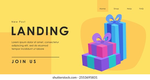 New Year presents vector illustration. Cartoon drawing of gift boxes. Landing page template. New Year, winter, celebration concept