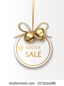 New Year price tag with golden bow and gold bells. Holiday decoration. Vector illustration