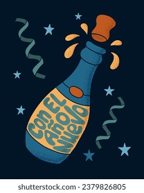 New Year print design with lettering. Flat hand drawn slogan New Year in Spanish language in a shape of champagne bottle. Trendy composition in retro style for posters, cards, shirt print social media