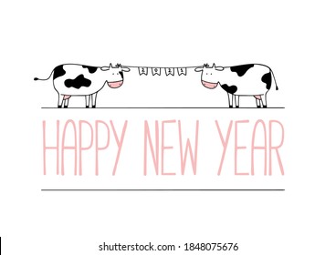 Impresión de año nuevo para postal. Vacas con banderas 2021