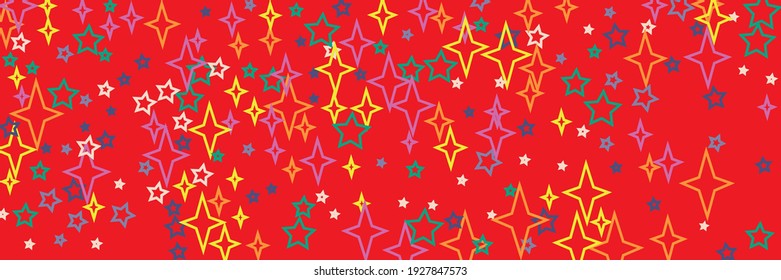New Year Print Vibrant Colorful Santa Vivid Sky Background. Blue Christmas Chaotic Holiday Green Yellow Orange Stars Ornament. Violet Horizontal Stars White Multicolor Bright Red Background.