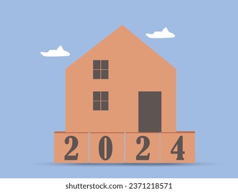 New year property. Wooden house model with wooden block number 2024 and copy space using as background concept to save money buying house, business, real estate and property concept.