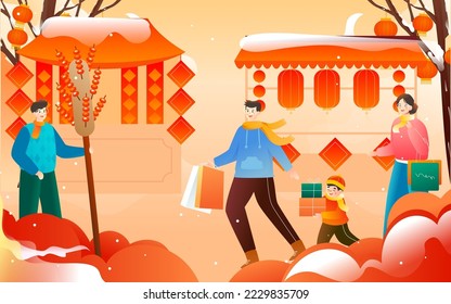 New Year of the Rabbit family visiting the supermarket during Chinese New Year with various food and buildings in the background, vector illustration, Chinese translation: Year of the Rabbit