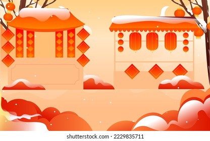 New Year of the Rabbit family visiting the supermarket during Chinese New Year with various food and buildings in the background, vector illustration, Chinese translation: Year of the Rabbit