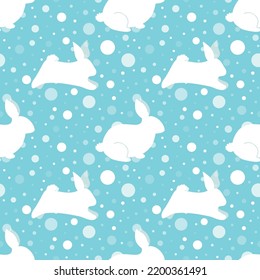 New Year rabbit pattern. New Year 2023 seamless background, textile, fabric design. Vector print with rabbits, hare, snowflakes. Cute winter holidays illustration. Polka dot. Blue winter print rabbits