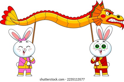 New Year Of The Rabbit Zodiac With Funny Bunnies Cartoon Characters Carrying A Dragon. Vector Hand Drawn Illustration Isolated On Transparent Background