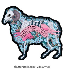 New Year of the Ram, Isolated on white background, floral tattoo ornamental pattern. Cool Ram. Vector illustration