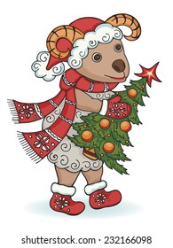 New year ram. Symbol of New year 2015. Cartoon ram in Santa Claus hat with Christmas tree. Colorful vector illustration.