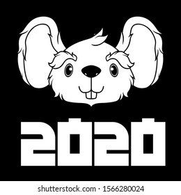 New Year Rat 2020, black and white cartoon rat with numbers 2020