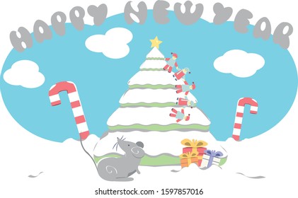 new year of rat 2020 with tree and gifts