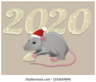 New Year rat in Santa's hat. Stock vector illustration.