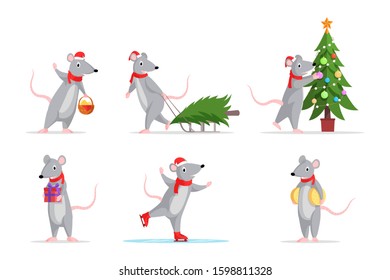 New Year rats color illustrations set. Cute mice skating, decorating fir tree, with gift box icons, sticker collection. Adorable mouse preparing for winter holiday cartoon characters isolated on white