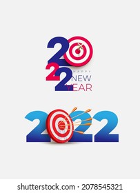 New Year realistic target and goals with symbol blue numbers of 2022 from red archery target, arrows archer and number. Set of vector resolution, target for new year 2022 concept.