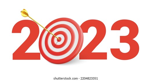 Objetivo y objetivos realistas de Año Nuevo con símbolo de 2023 de blanco rojo y flechas. Objetivo para el nuevo año 2023. Ilustración vectorial.