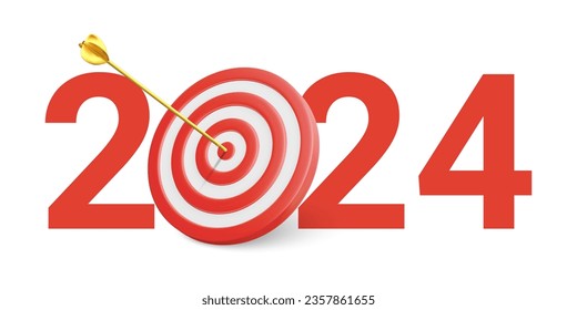 Objetivo y objetivos realistas de Año Nuevo con símbolo de 2024 de blanco rojo y flechas. Objetivo para el nuevo año 2024. Ilustración vectorial.