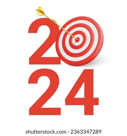 New Year realistic target and goals with symbol of 2024 from red target and arrows. Target concept for new year 2024. Vector illustration.