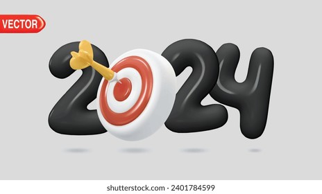 New Year realistic target and goals with symbol of 2024 from red target and arrows. Target concept for new year 2024. Vector illustration. realistic 3d number