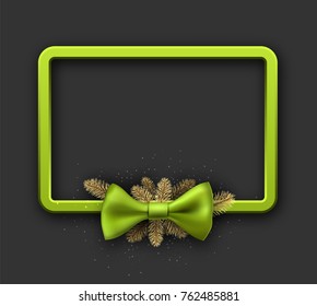 New Year rectangular background with fir branches and green bow. Vector illustration.