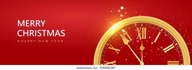 New year red background with christmas vintage clock. Festive design with Christmas decorations, balls, streamer and glitter